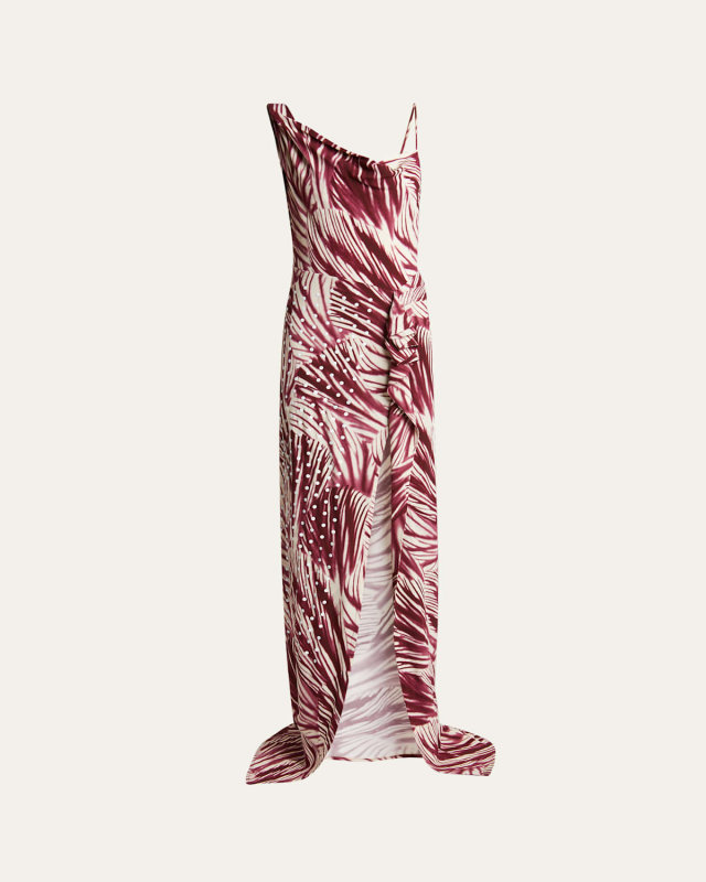 Deyon Printed One-Shoulder Draped Gown